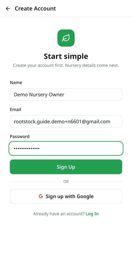 Create account screen with name, email and password fields
