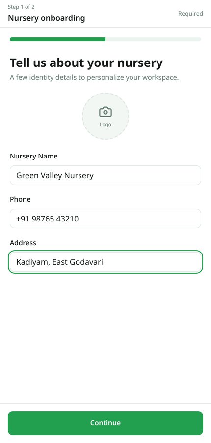 Nursery details step with name, phone and address