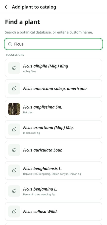 Plant database search results with Add buttons