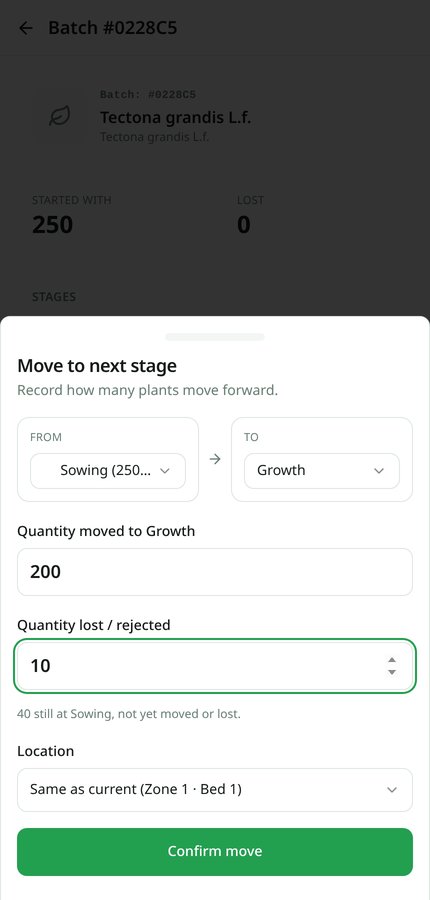 Move to next stage drawer with from and to stages, moved and lost counts