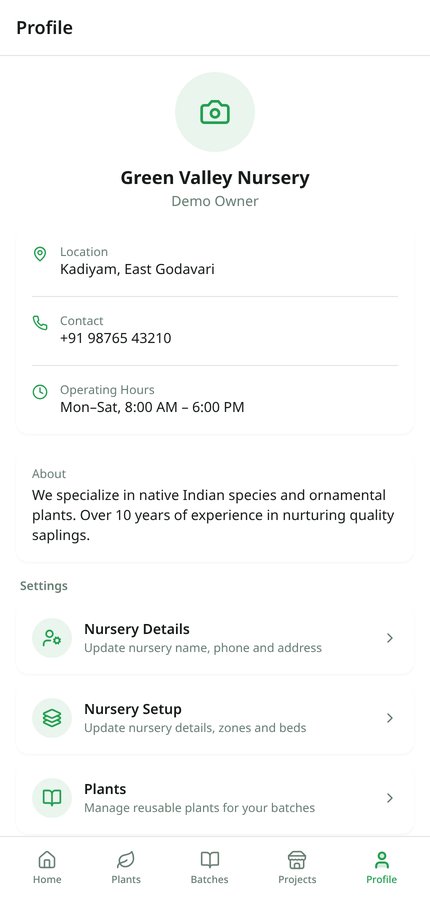 Profile screen with nursery info, workflow and account options